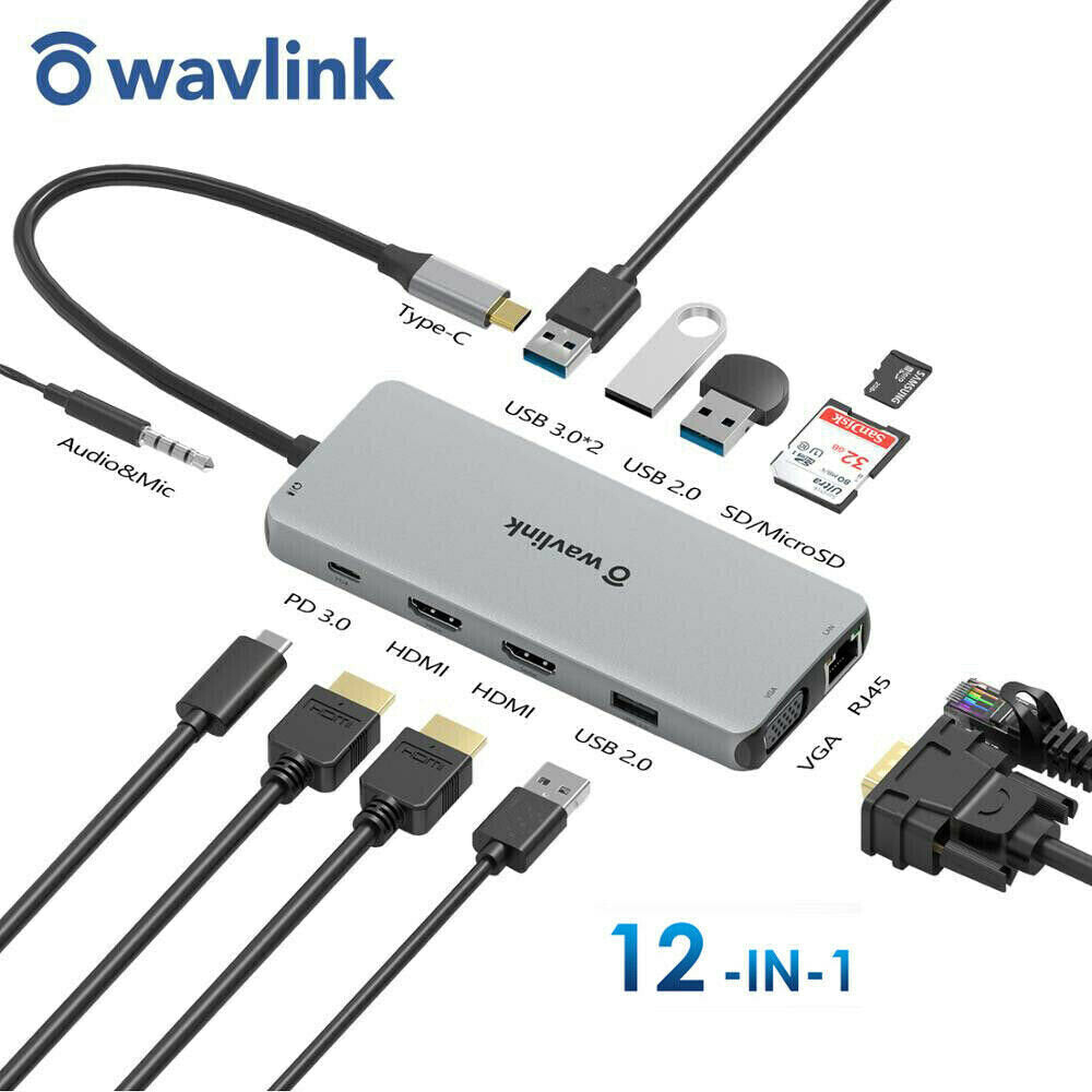 Wavlink - UMD501 PD充電多功能擴展器 USB C Type-C 12-in-1 Triple Display Adapter 4K HDMI&2K VGA