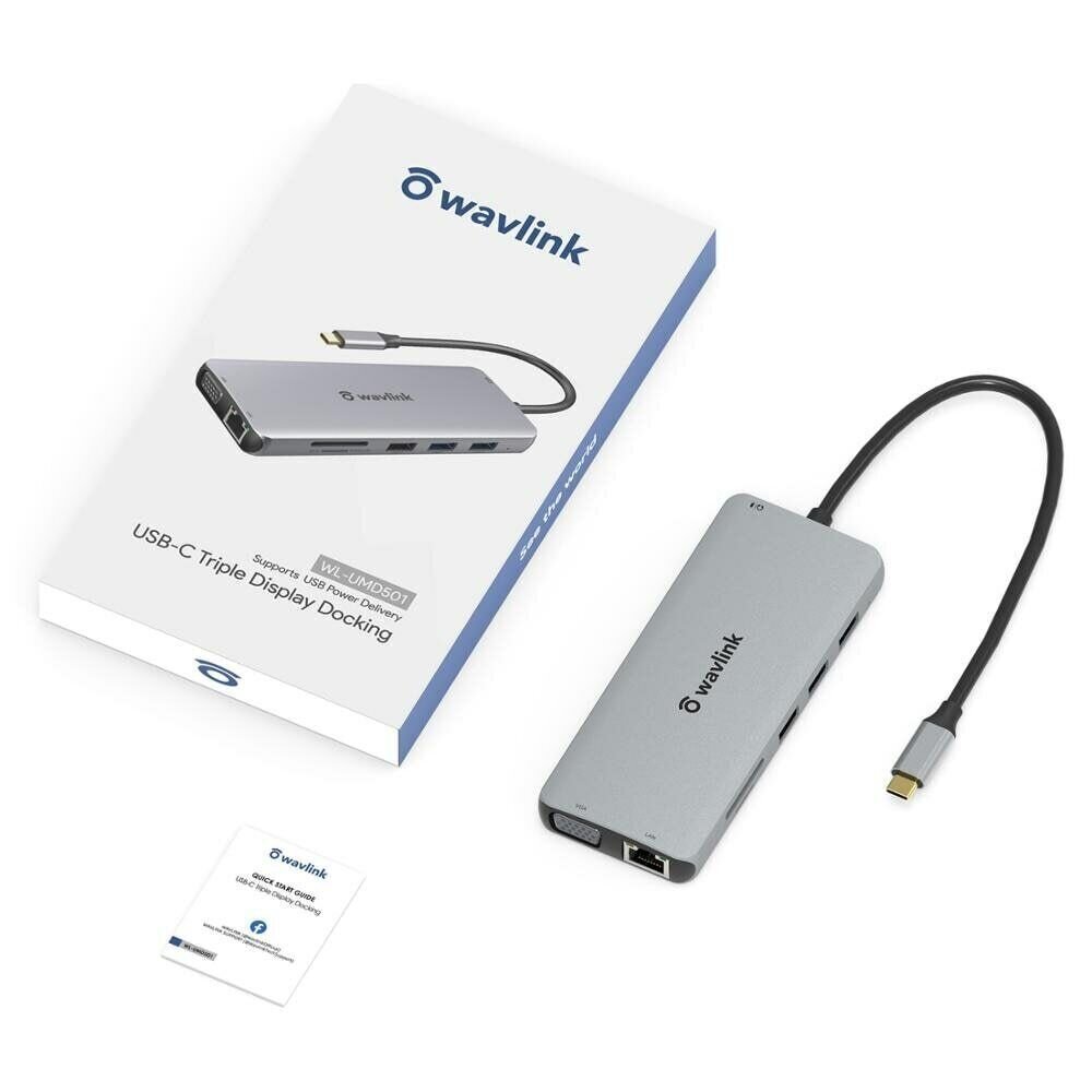 Wavlink - UMD501 PD充電多功能擴展器 USB C Type-C 12-in-1 Triple Display Adapter 4K HDMI&2K VGA